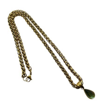 necklace steel gold tear stone green1